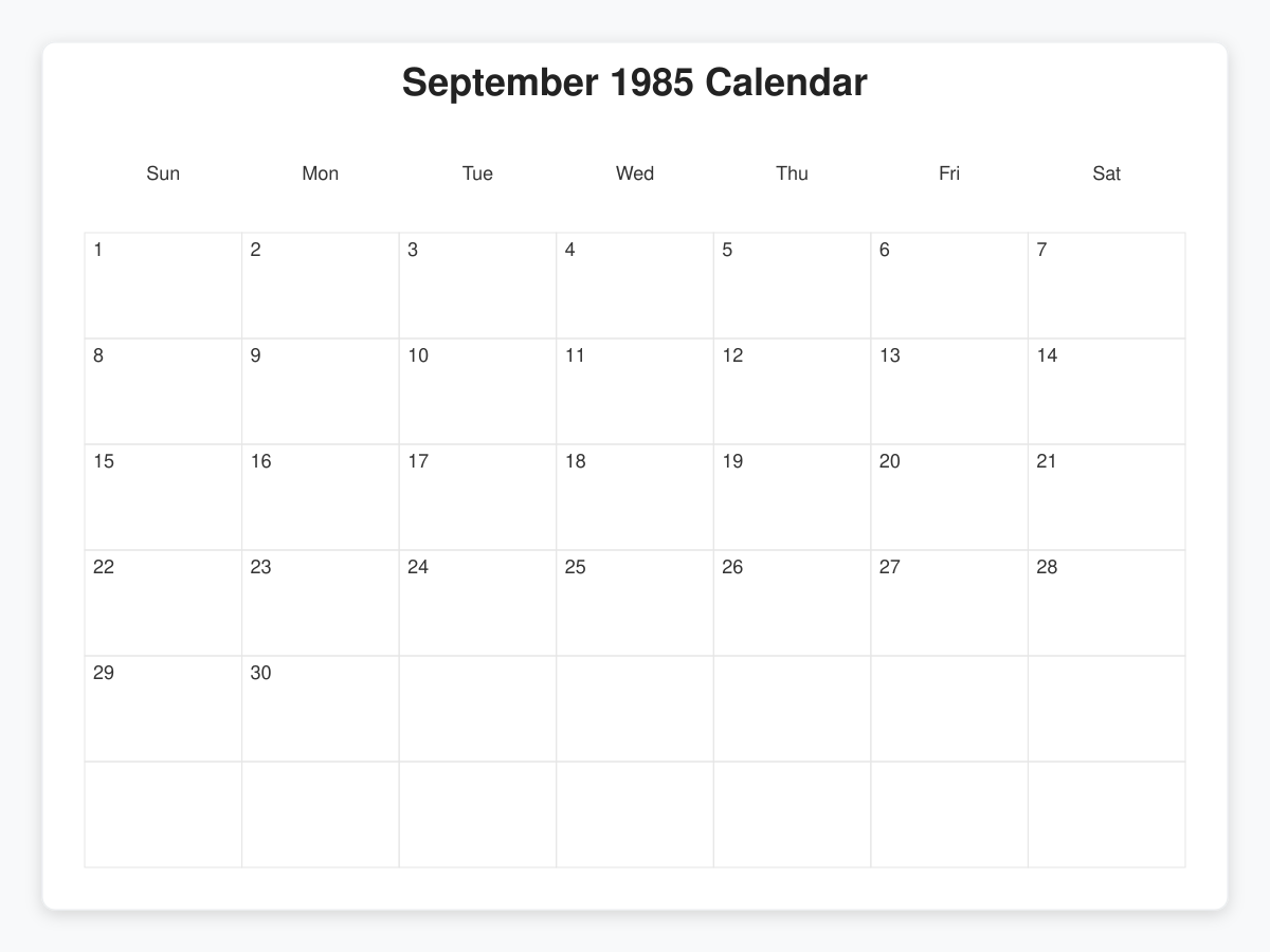 Printable September 1985 Calendars