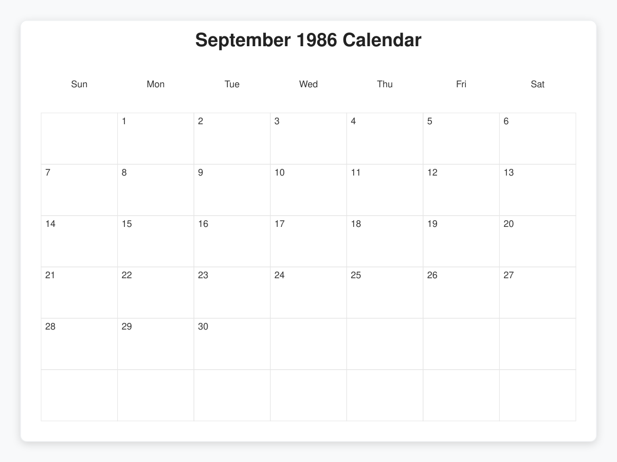 Printable September 1986 Calendars