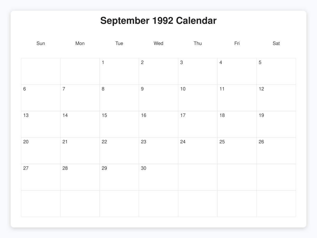 Printable September 1992 Calendars