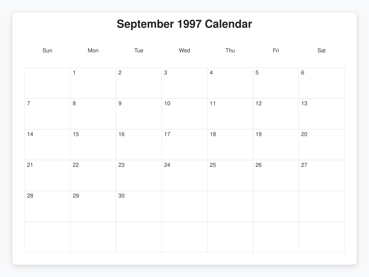 Printable September 1997 Calendars