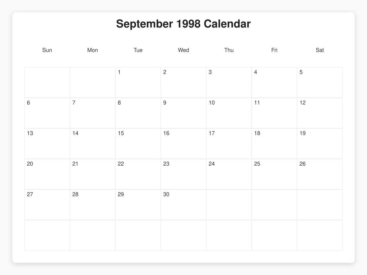 Printable September 1998 Calendars
