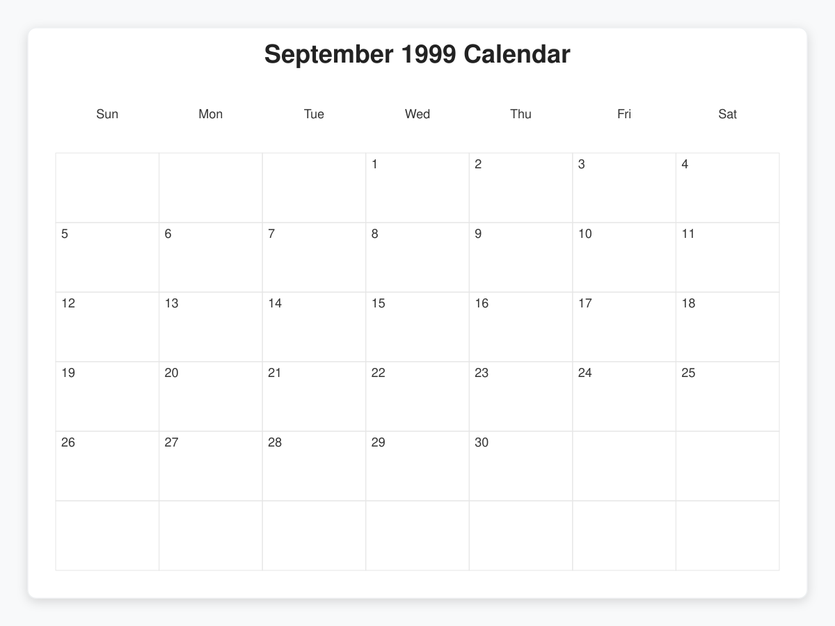 Printable September 1999 Calendars
