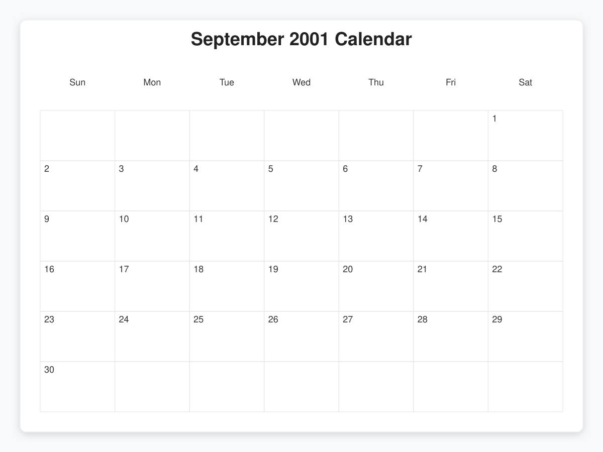 Printable September 2001 Calendars