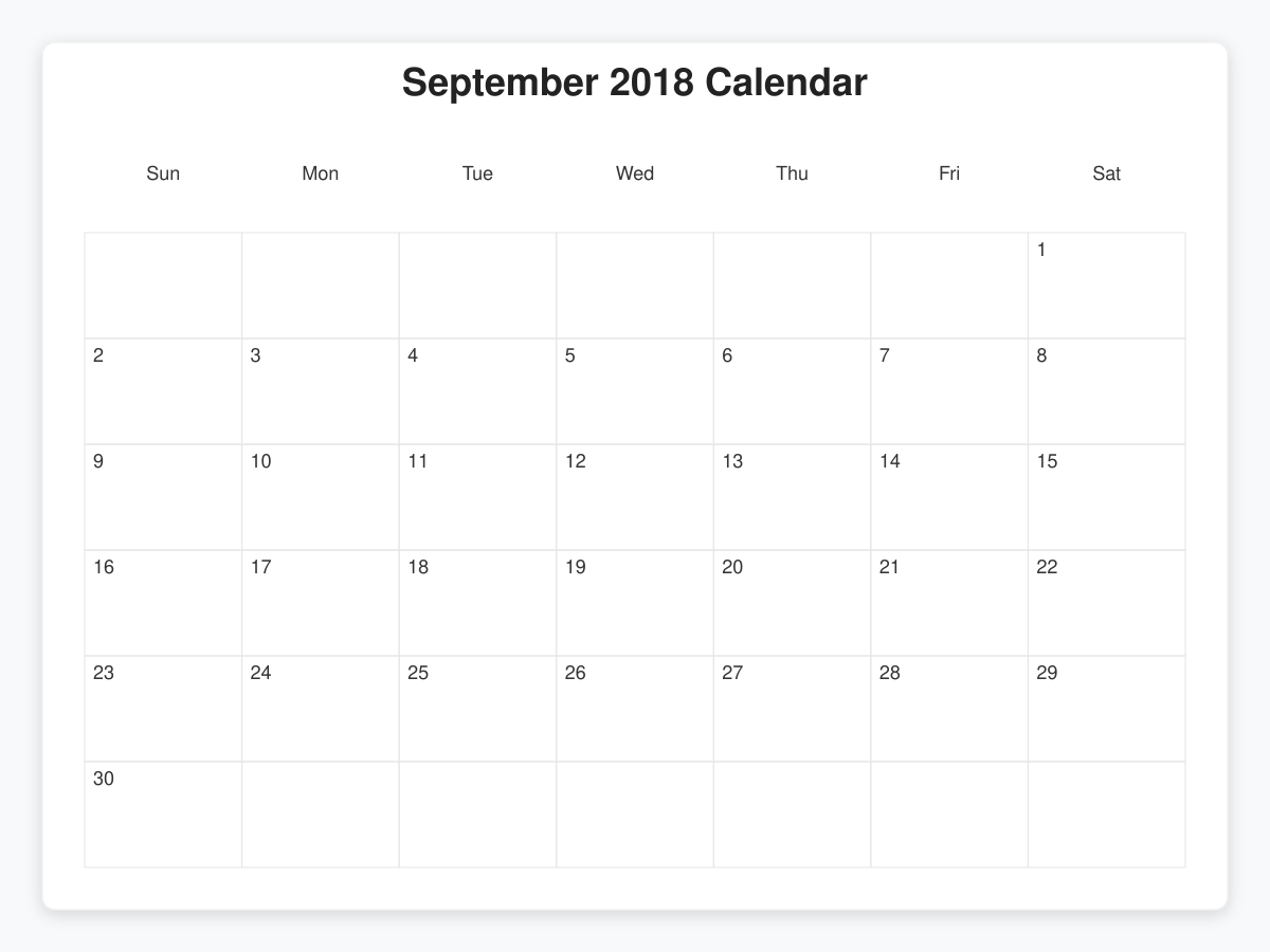 Printable September 2018 Calendars