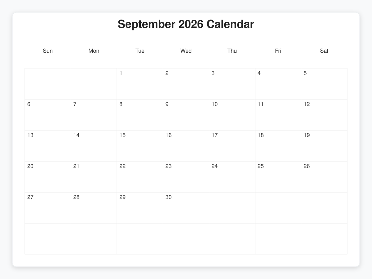 Printable September 2026 Calendars