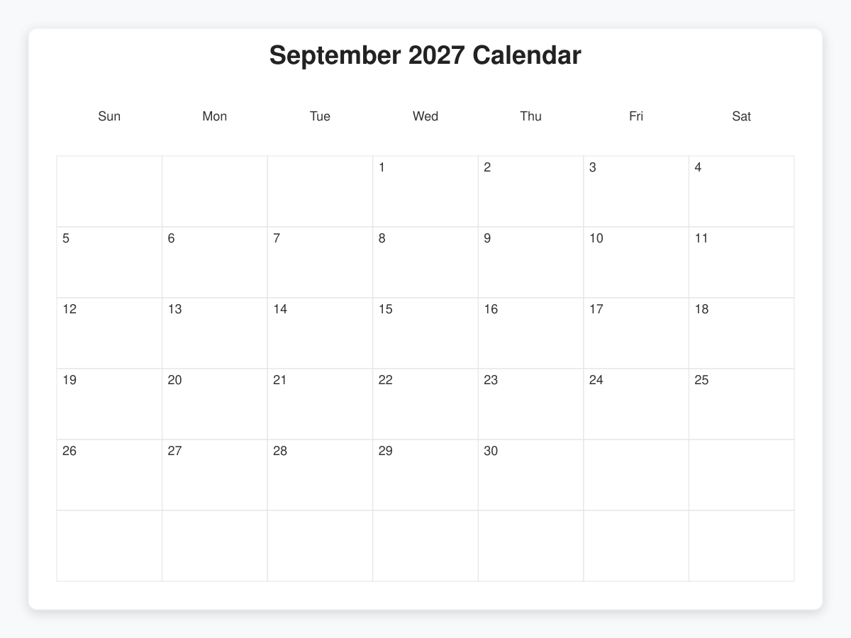 Printable September 2027 Calendars