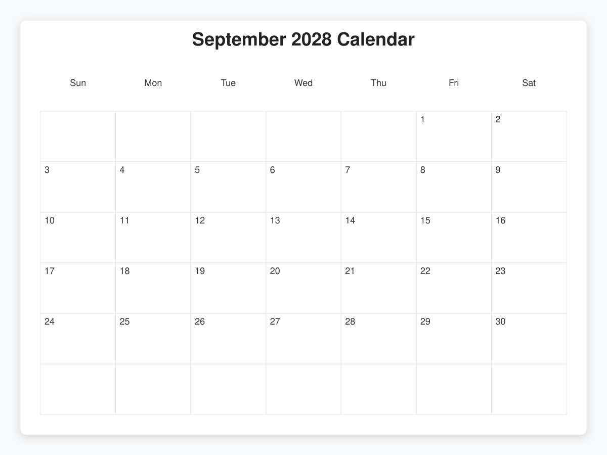 Printable September 2028 Calendars