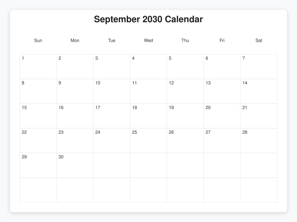 Printable September 2030 Calendars