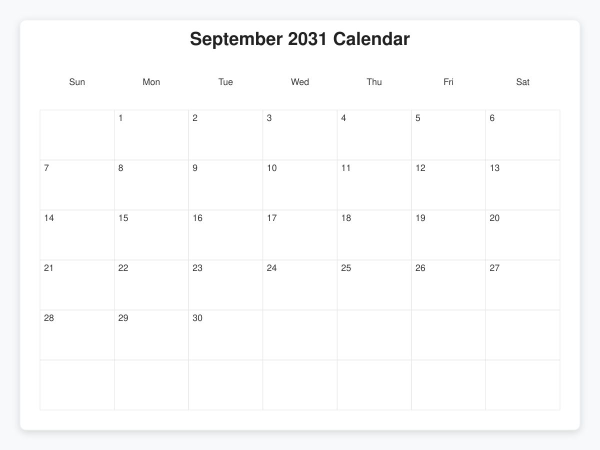 Printable September 2031 Calendars