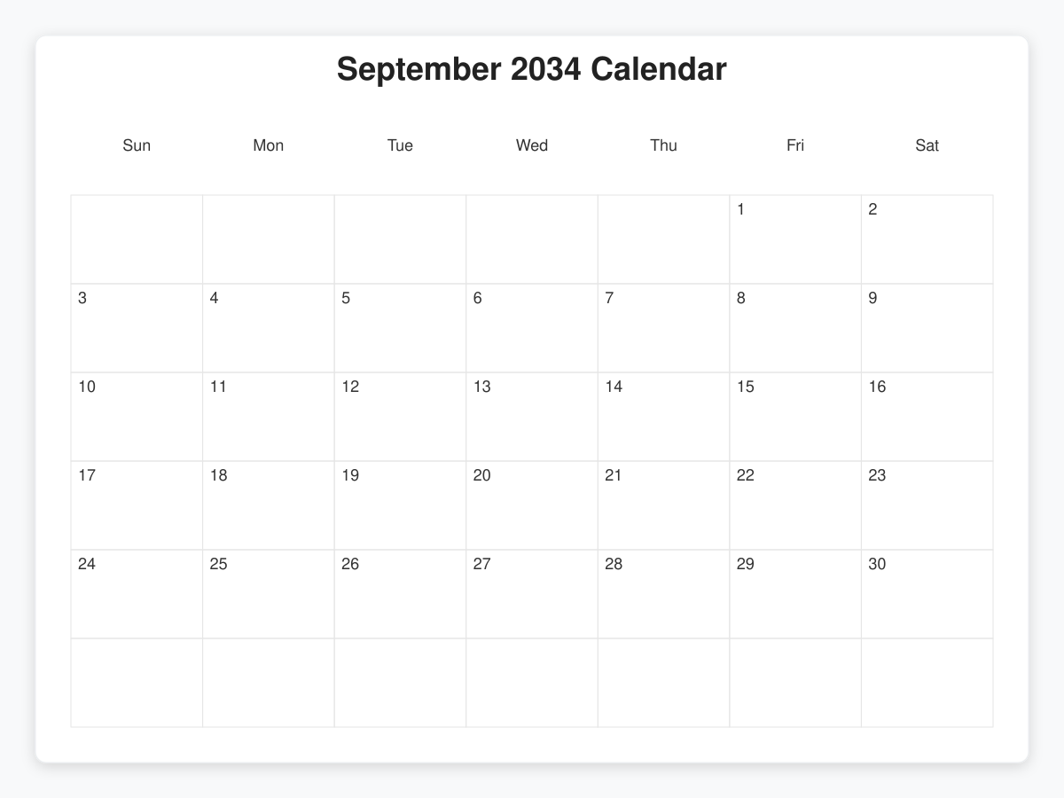 Printable September 2034 Calendars