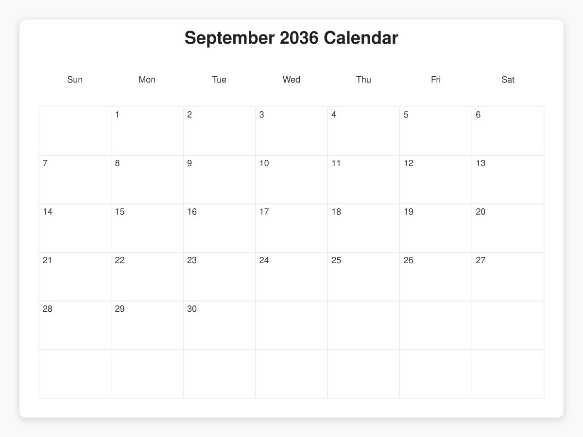 Printable September 2036 Calendars