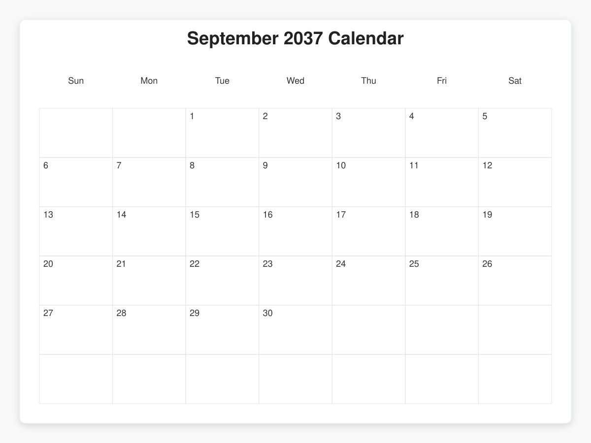 Printable September 2037 Calendars