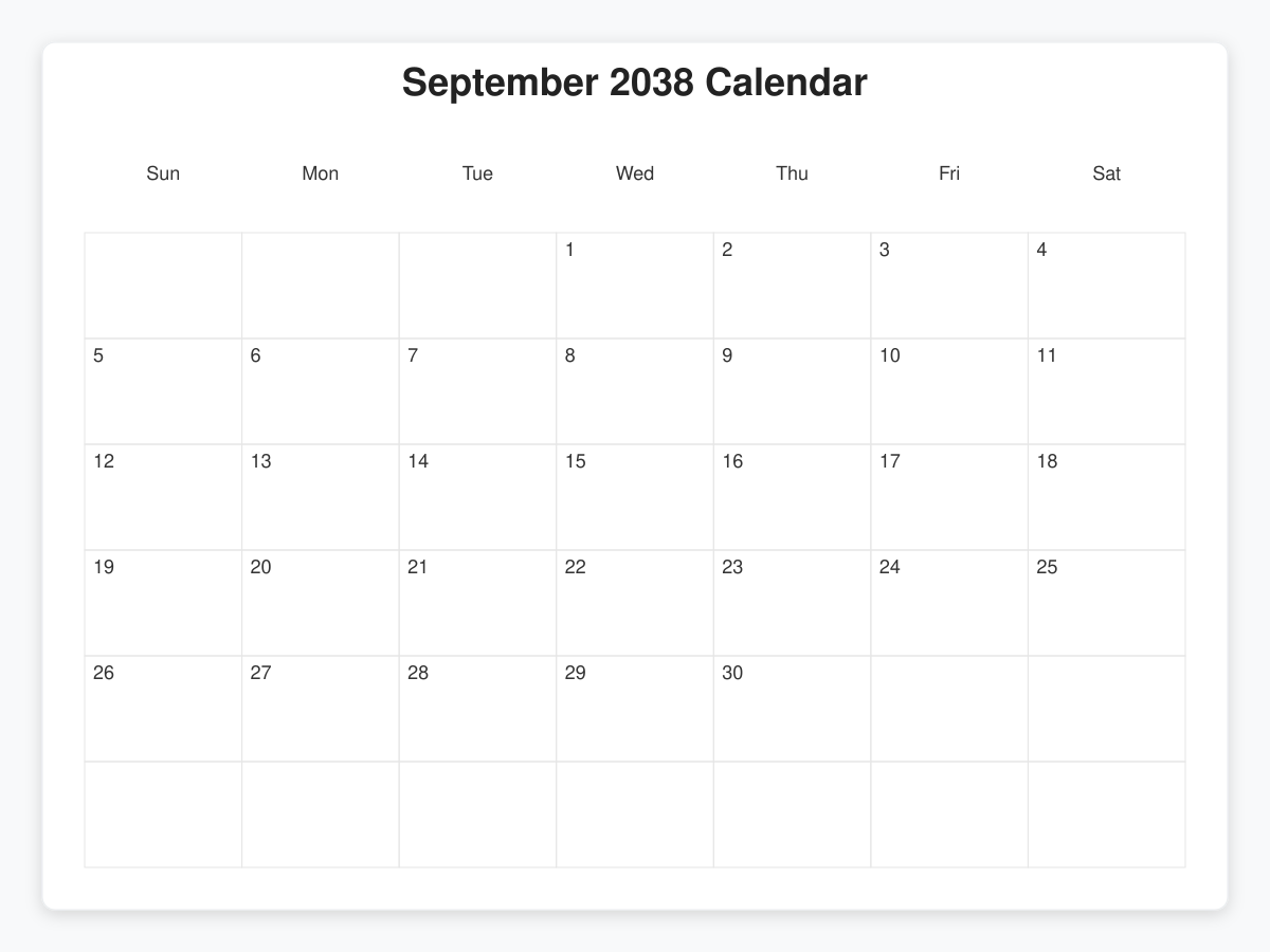 Printable September 2038 Calendars