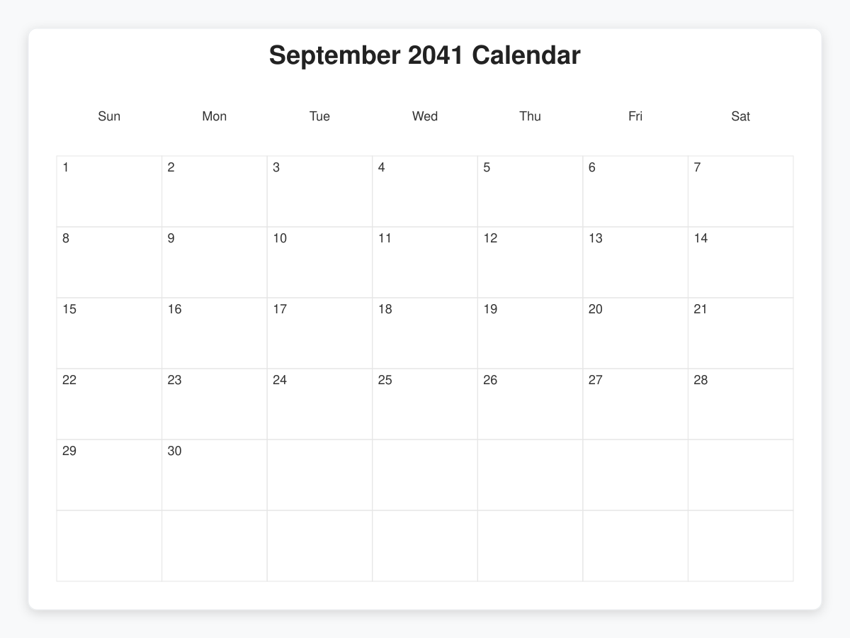 Printable September 2041 Calendars