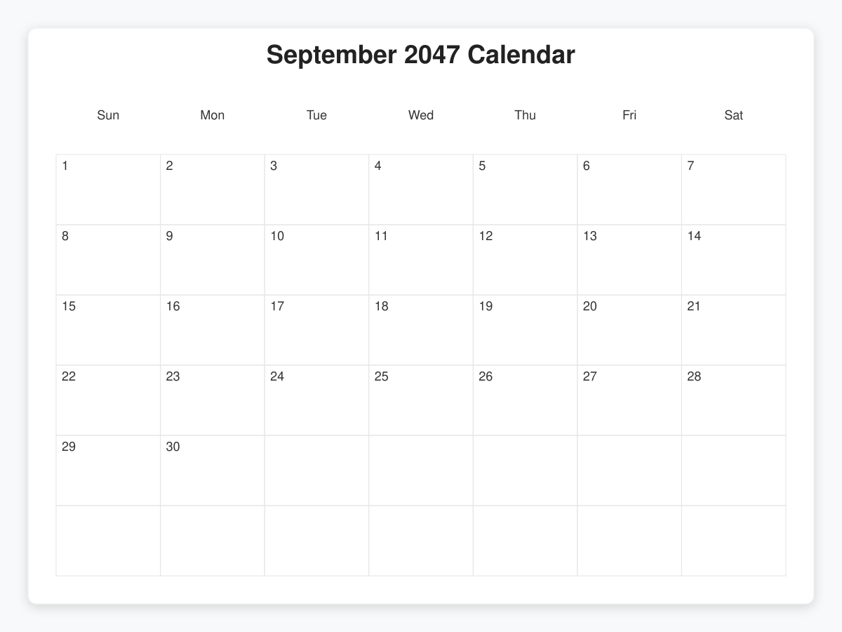 Printable September 2047 Calendars