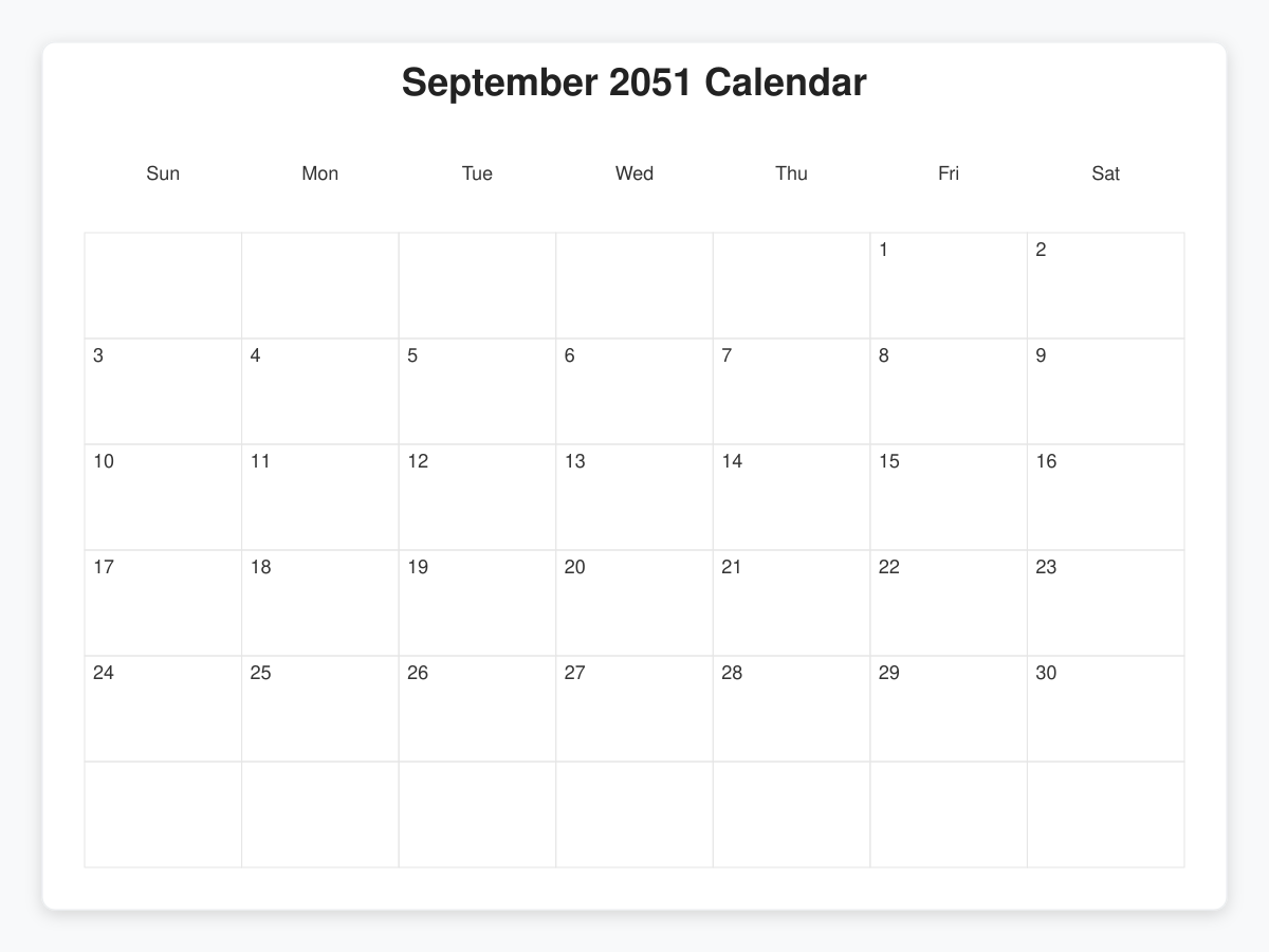 Printable September 2051 Calendars