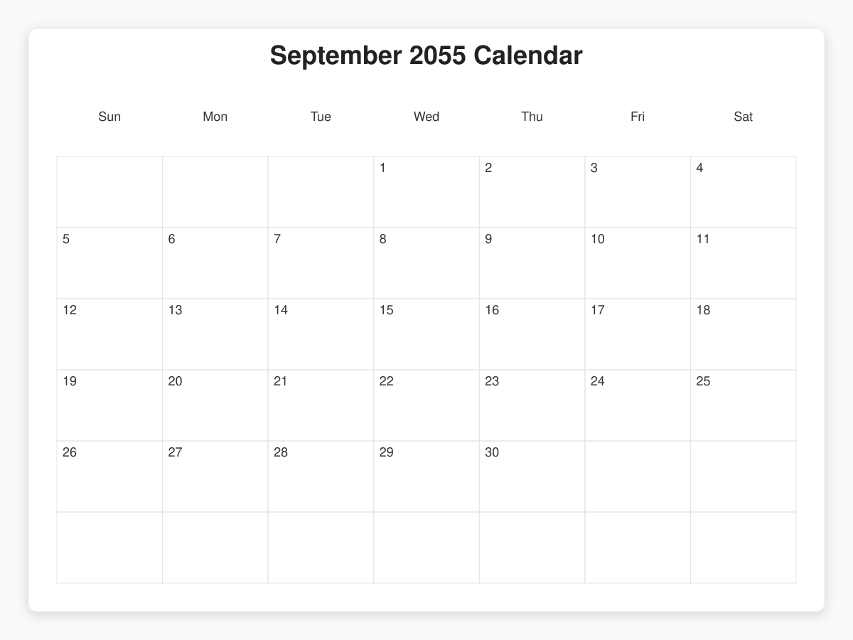Printable September 2055 Calendars