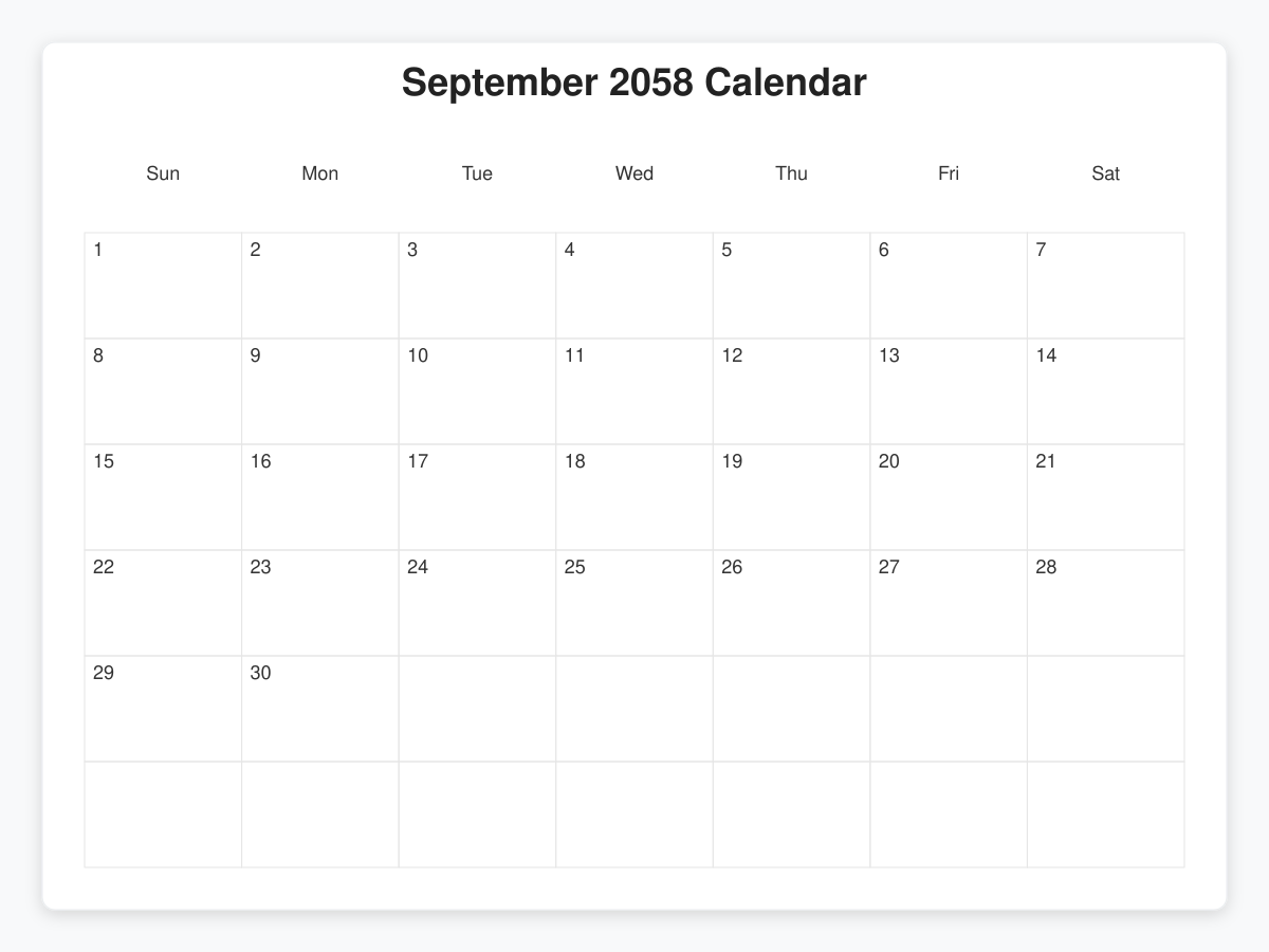 Printable September 2058 Calendars