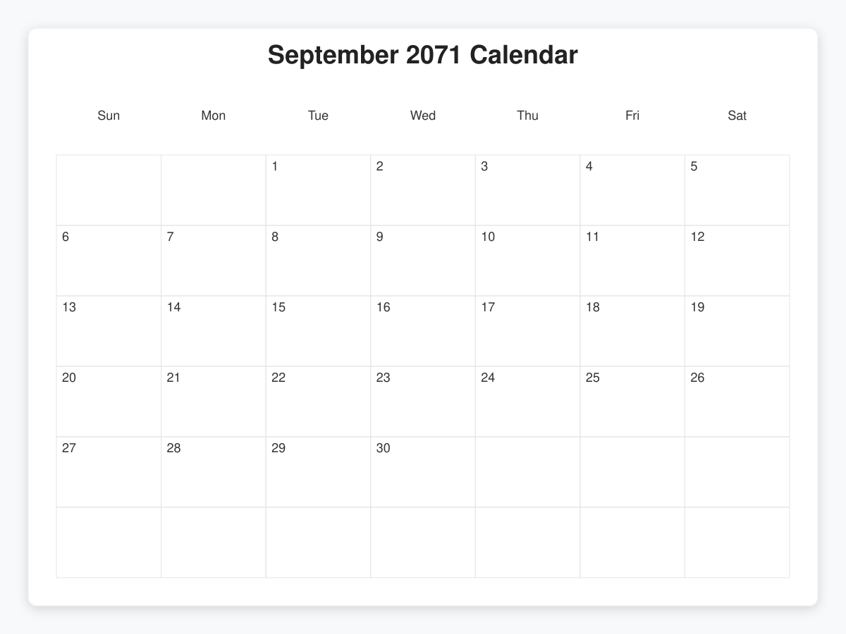 Printable September 2071 Calendars