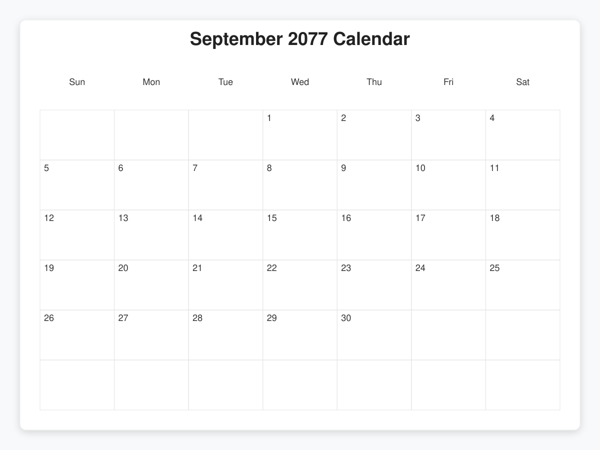 Printable September 2077 Calendars