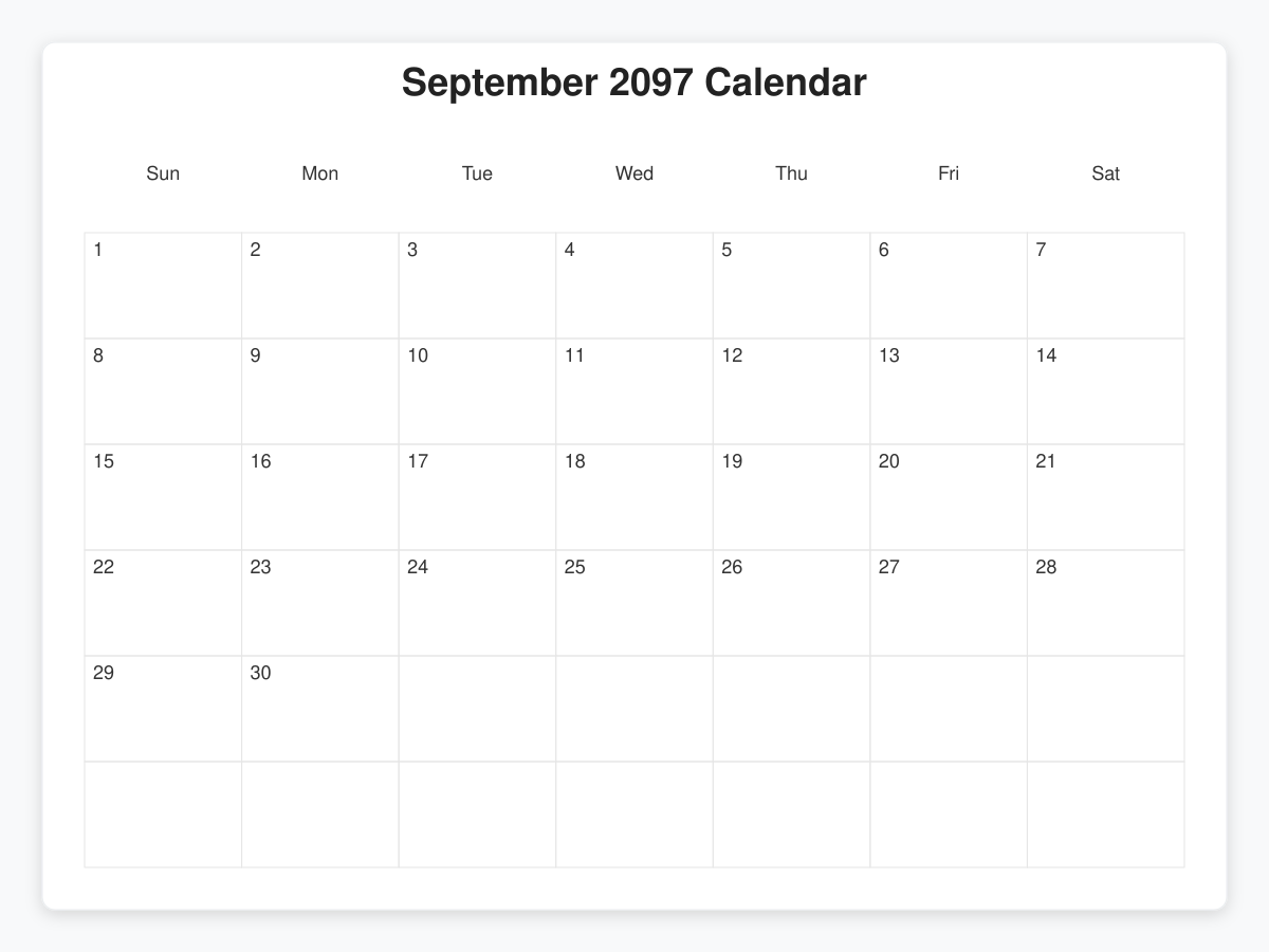 Printable September 2097 Calendars