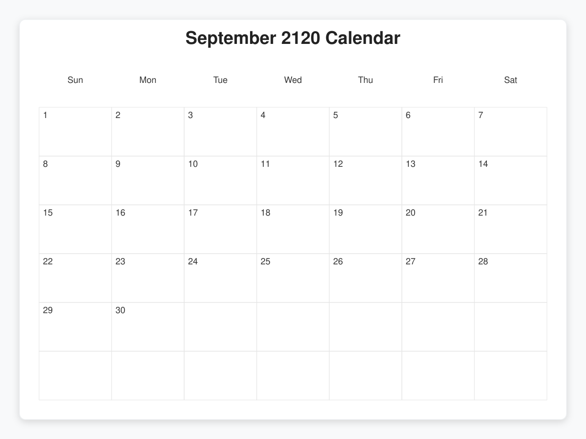 Printable September 2120 Calendars