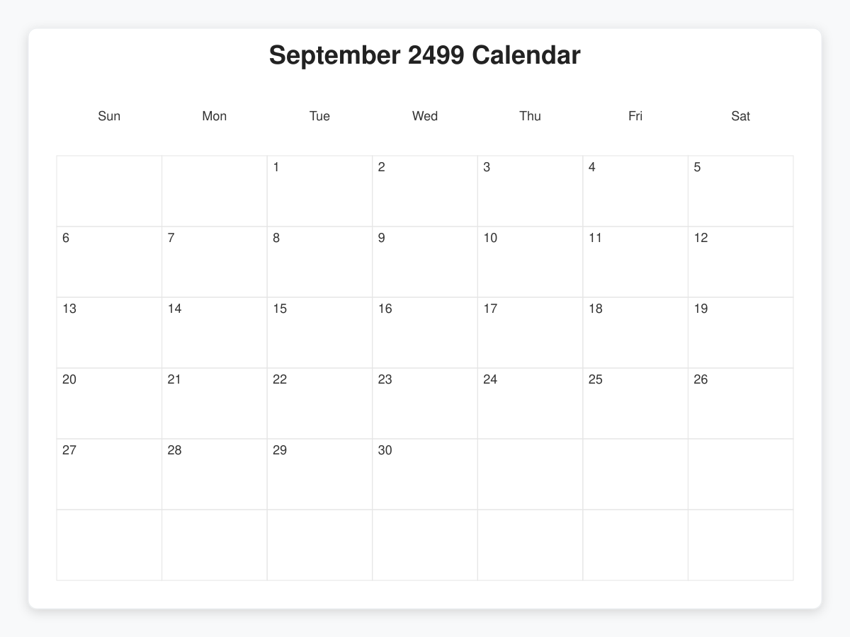 Printable September 2499 Calendars