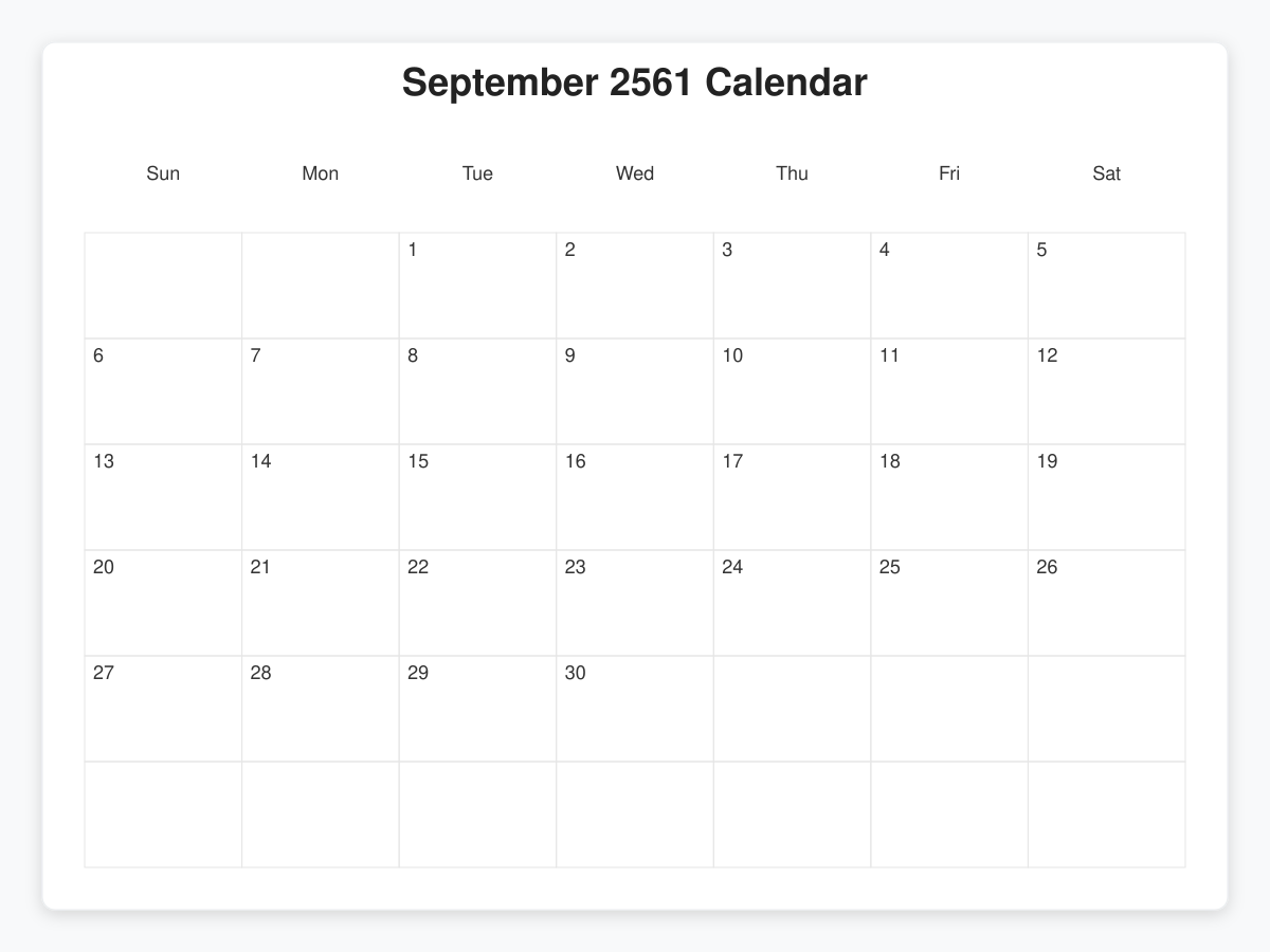 Printable September 2561 Calendars