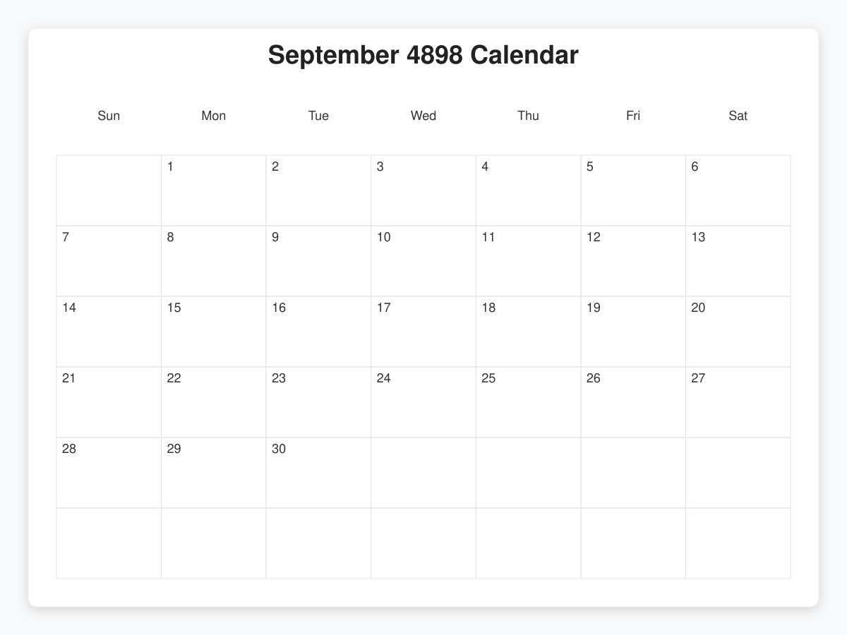 Printable September 4898 Calendars