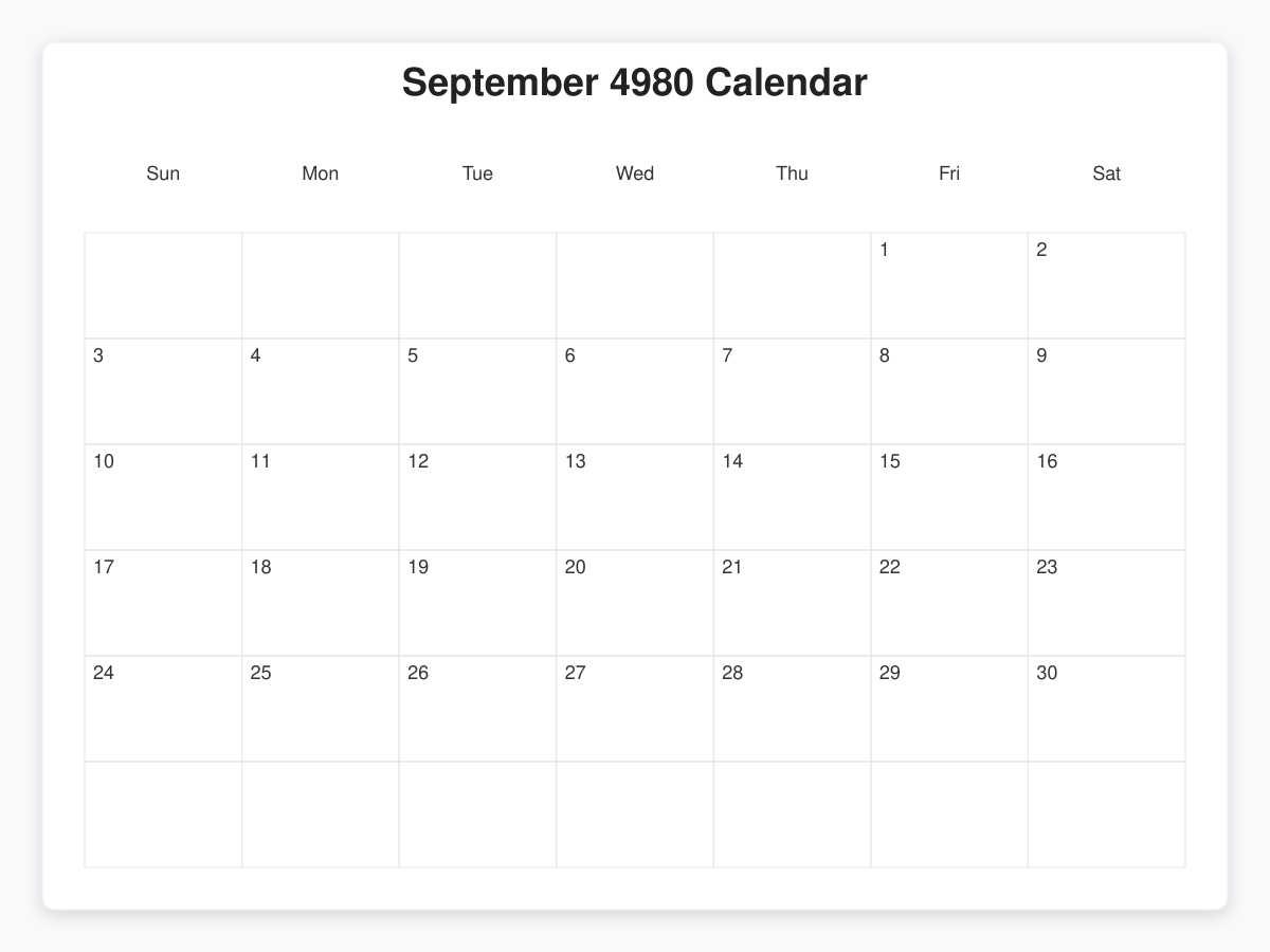 Printable September 4980 Calendars