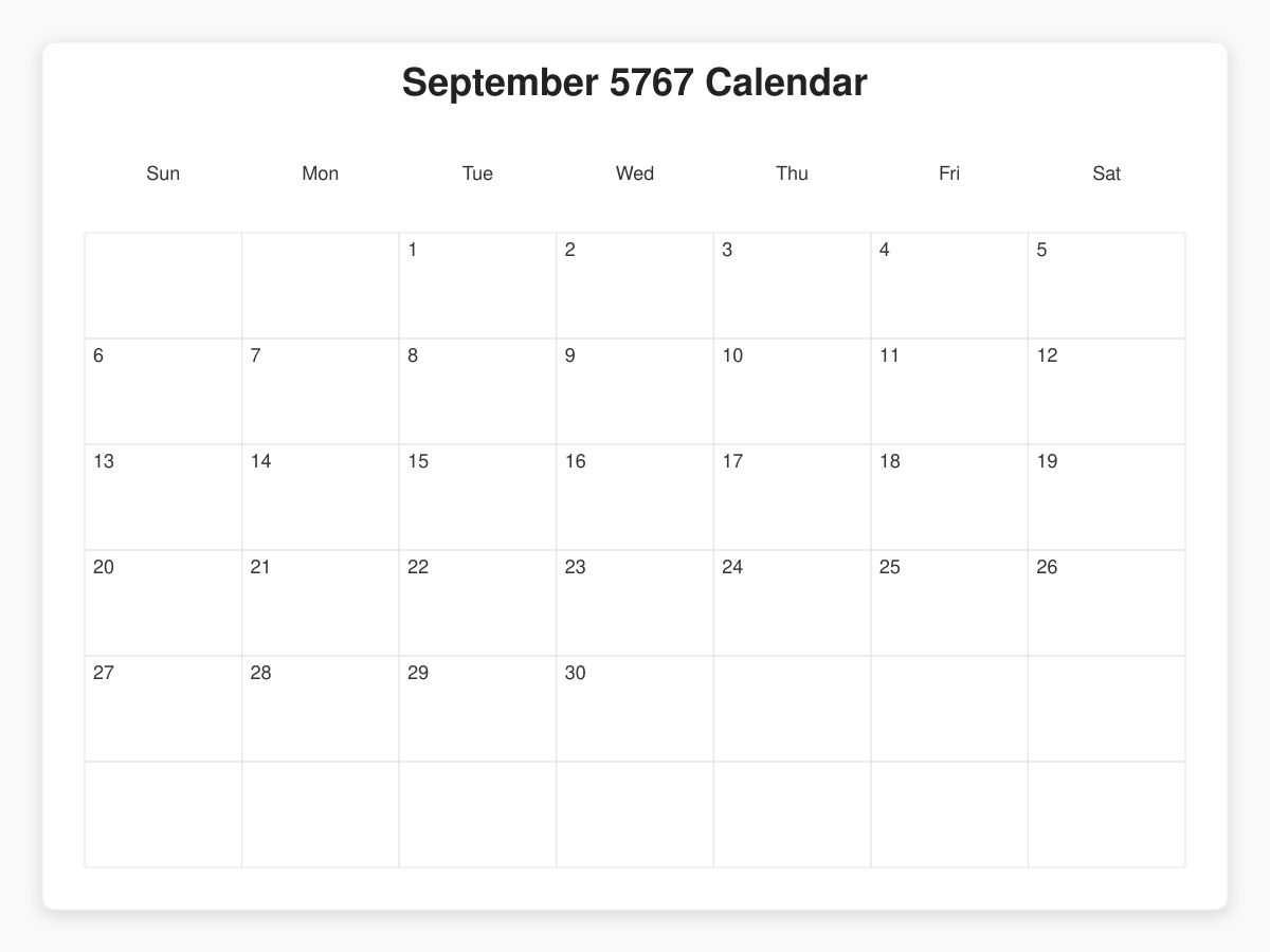 Printable September 5767 Calendars