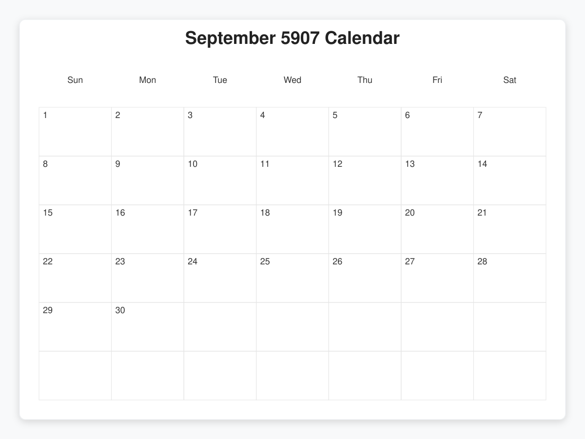 Printable September 5907 Calendars