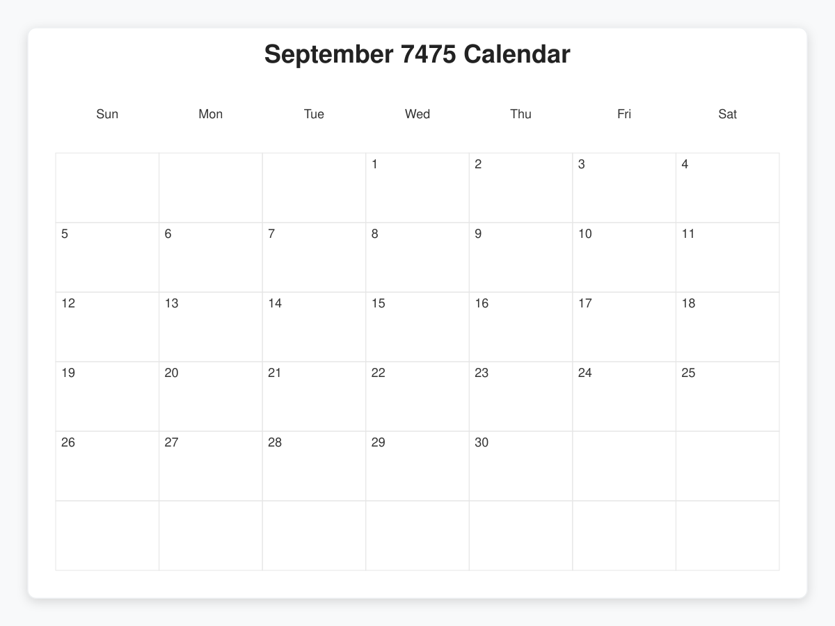 Printable September 7475 Calendars