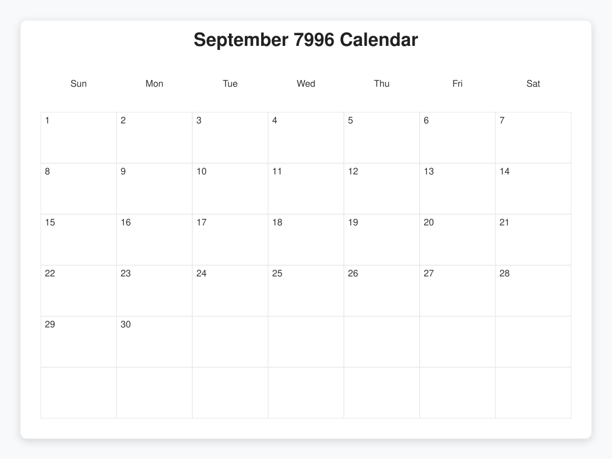 Printable September 7996 Calendars