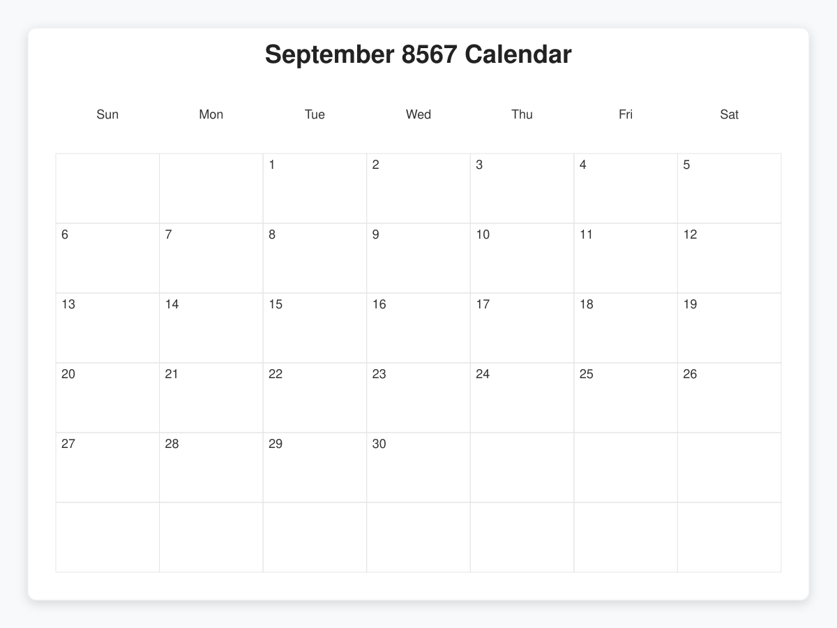 Printable September 8567 Calendars