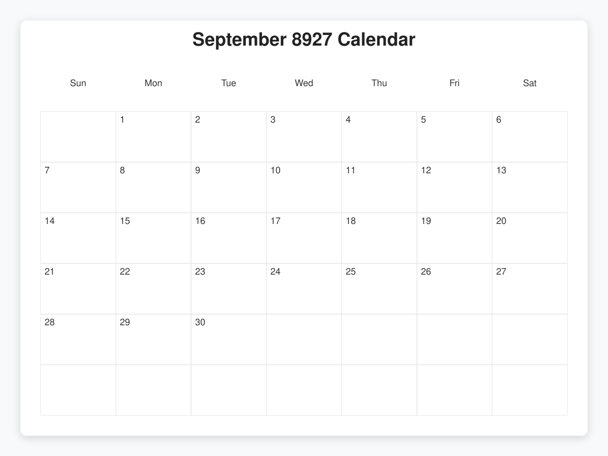 Printable September 8927 Calendars
