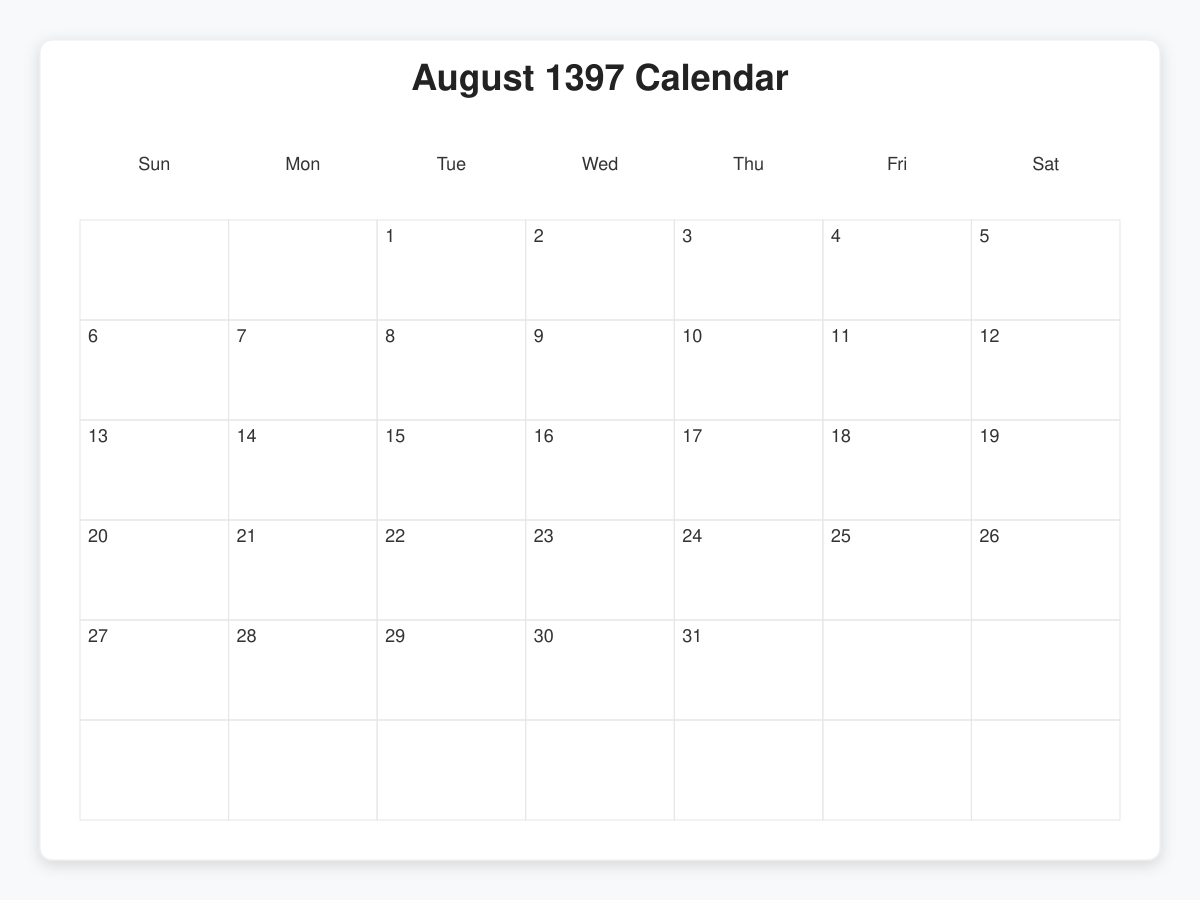 Printable August 1397 Calendars