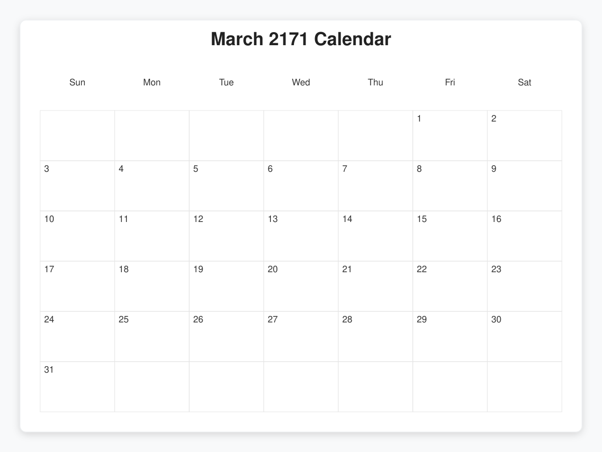 Printable March 2171 Calendars