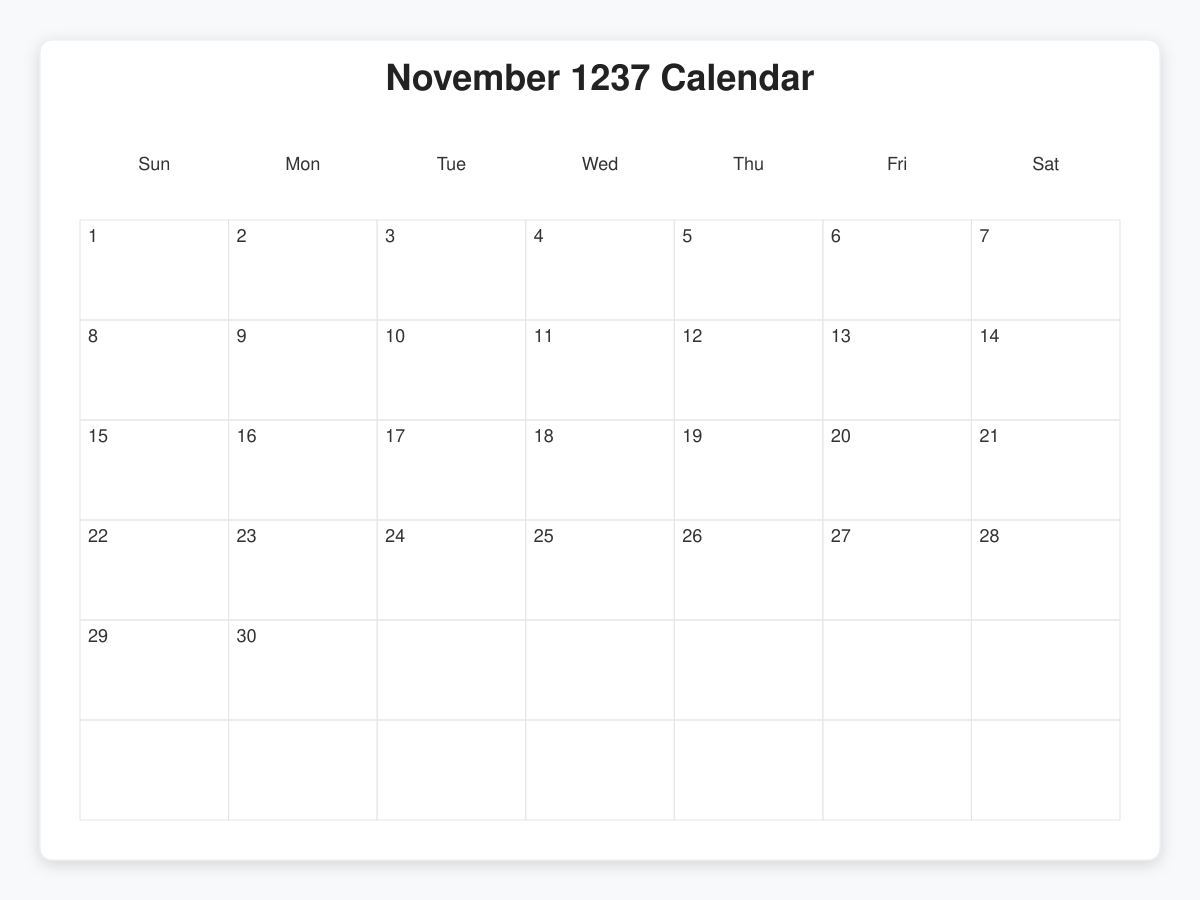 Printable November 1237 Calendars