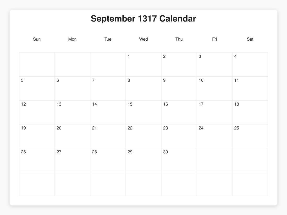 Printable September 1317 Calendars