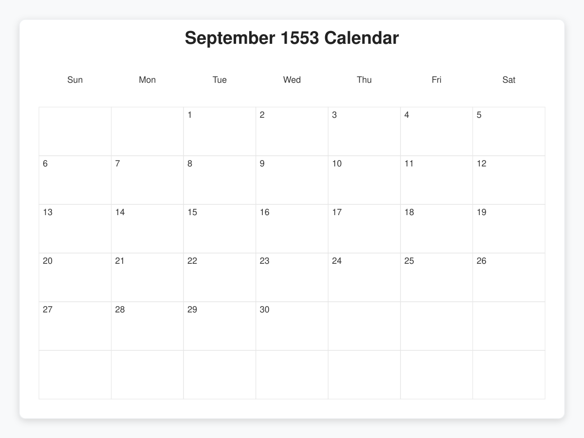 Printable September 1553 Calendars