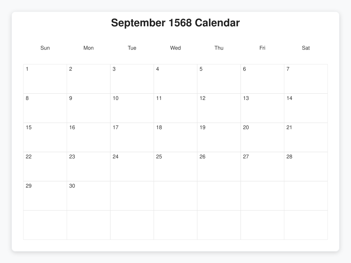 Printable September 1568 Calendars