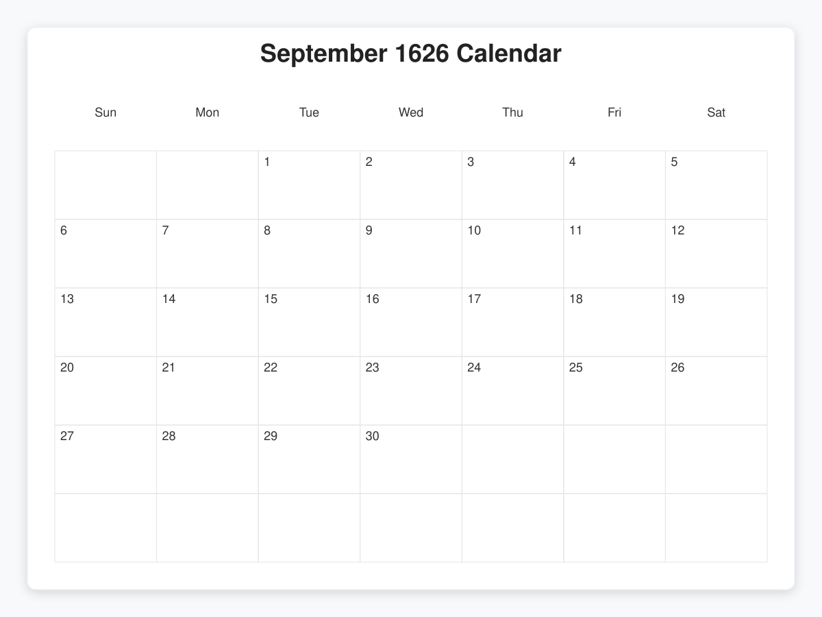 Printable September 1626 Calendars