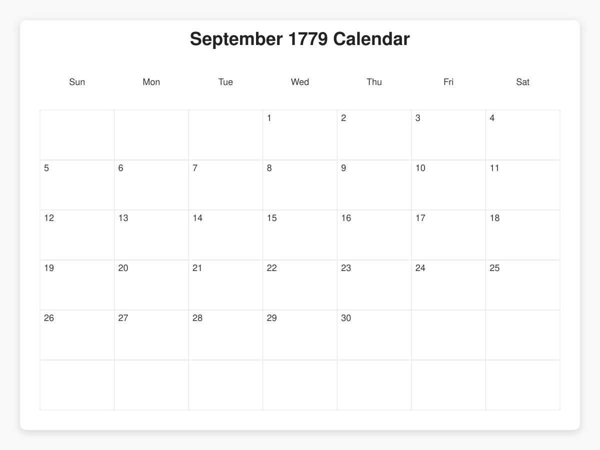 Printable September 1779 Calendars