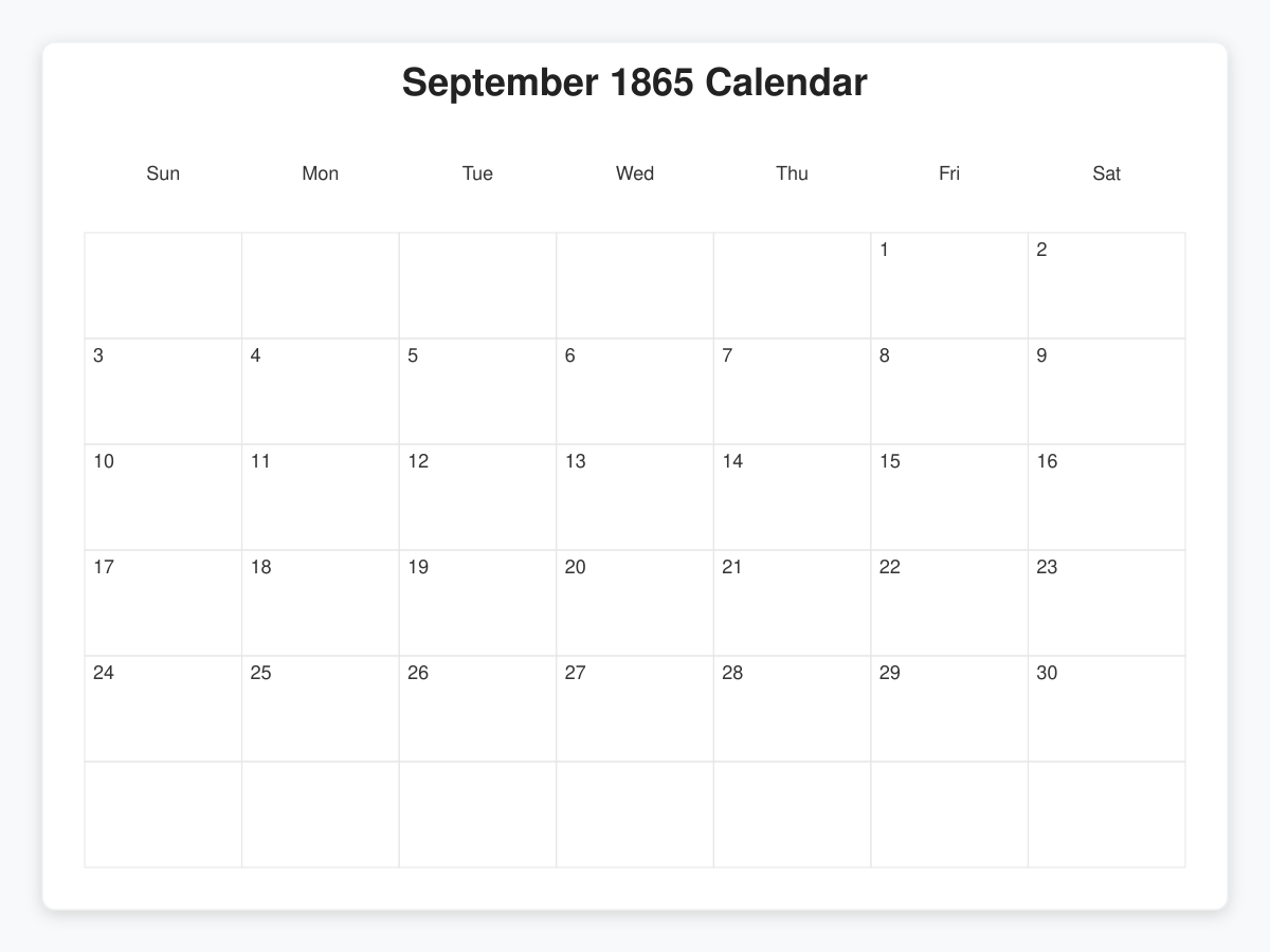 Printable September 1865 Calendars