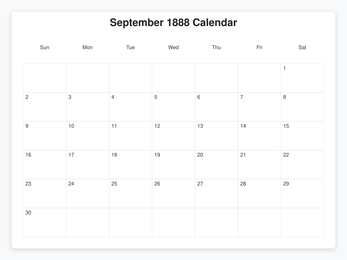 Printable September 1888 Calendars