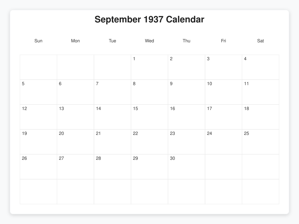 Printable September 1937 Calendars