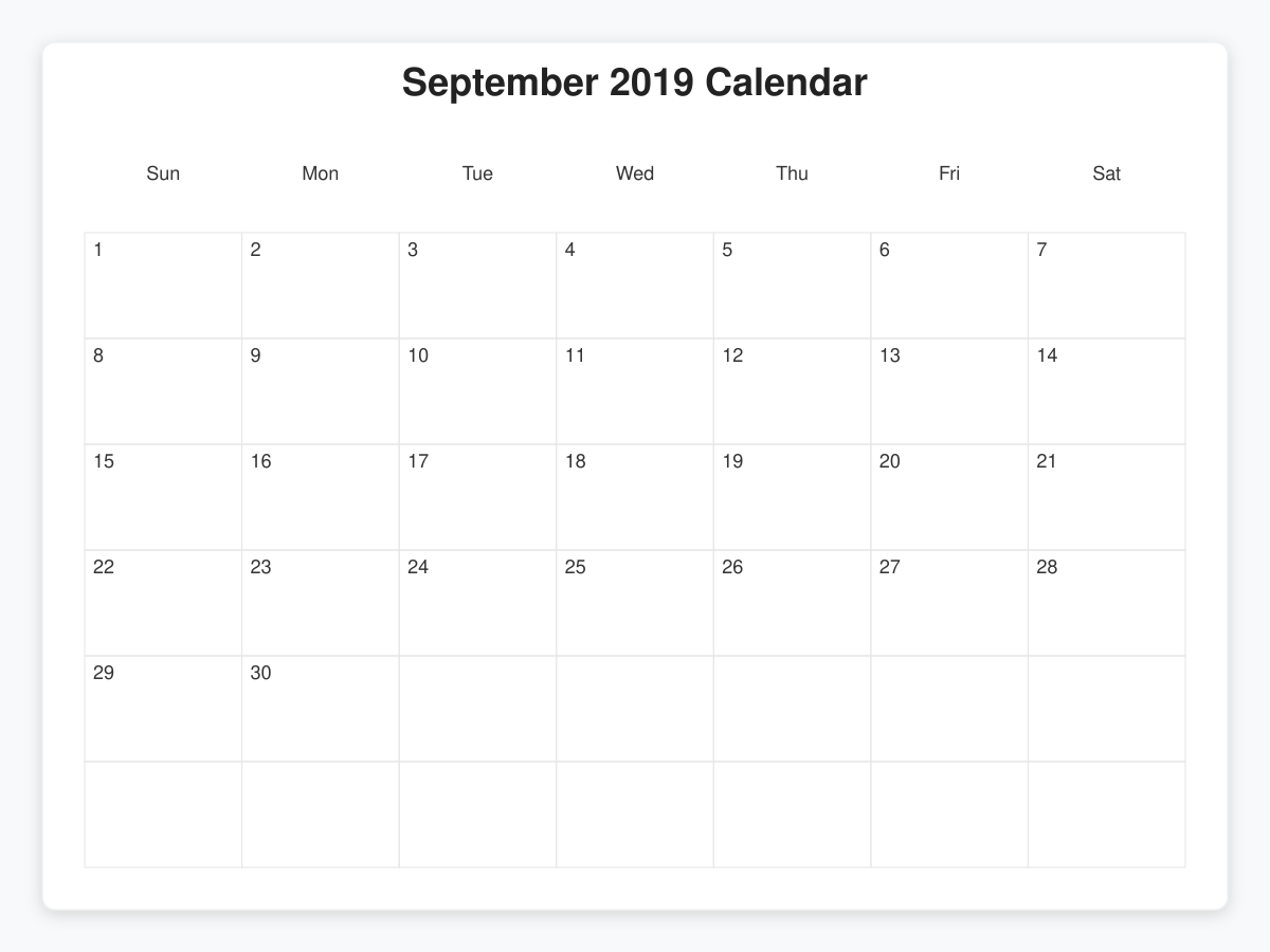 Printable September 2019 Calendars