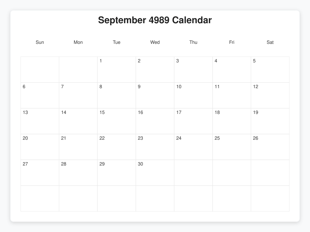 Printable September 4989 Calendars