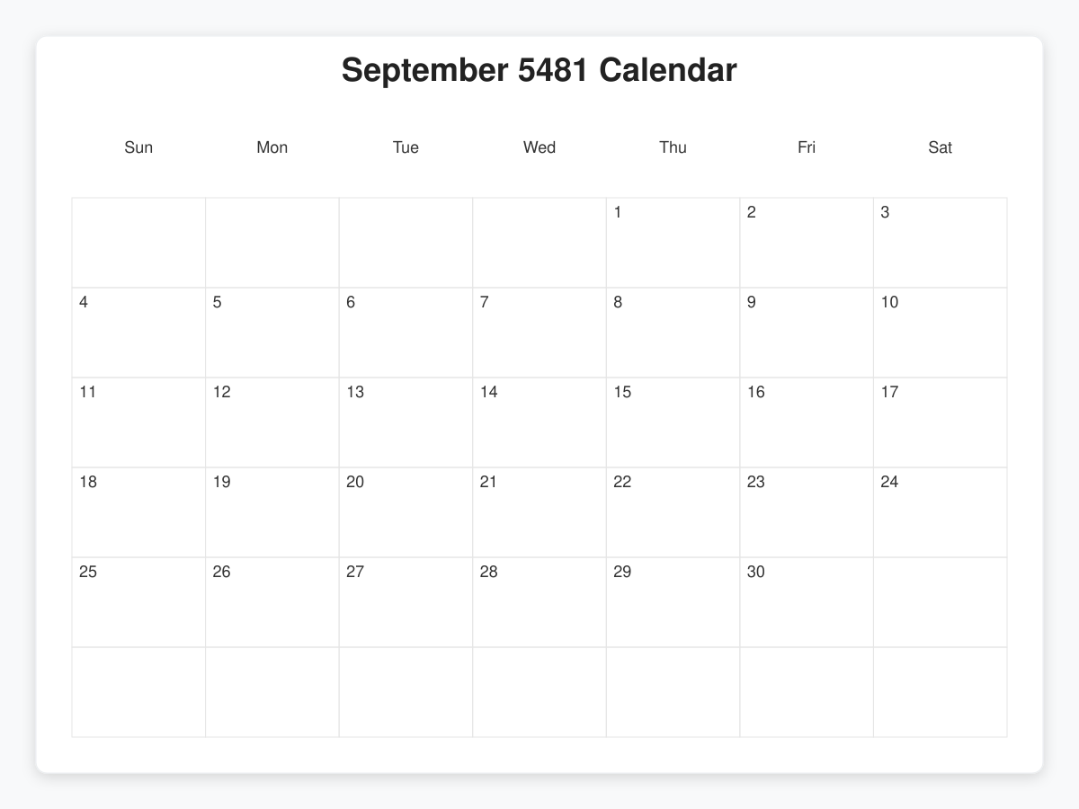 Printable September 5481 Calendars